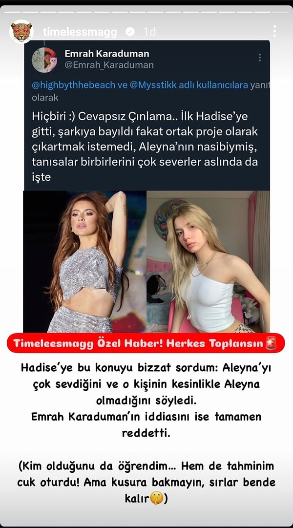 Demet Akalın hakkındaki iddialarla ilgili ağzını açmayıp Tilki'yle arasının iyi olduğunu söyleyen Hadise, Akalın'a yönelik çıkan haberlerle ilgili konuşmaktan kaçınırken bir nevi iddialarda doğruluk payı olabileceğini düşündürdü.