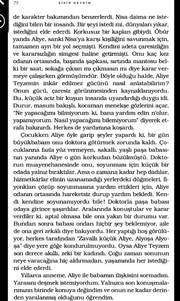 Şirin Devrim, Şakir Paşa Ailesi'ni anlattığı kitabında teyzesi Aliye'nin doktor ânısını şu cümlelerle anlatıyor: