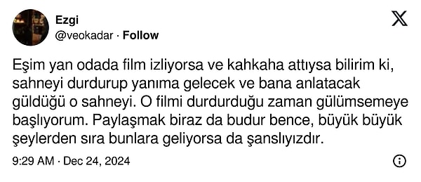 Geçtiğimiz günlerde bir kullanıcı da eşiyle film izlerken yapmak istediği şeyi anlatarak gözlerden adeta kalp fışkırttı. Eşinin neye güldüğünü bile öğrenmek isteyen kadın, "Allah'ım nasip et" dedirtti.