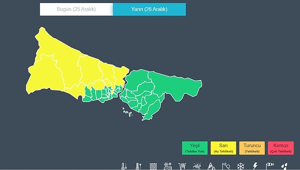 Meteorolojinin uyarı haritasında, 26 Aralık Perşembe günü İstanbul'un Avrupa Yakası'na sarı kodlu uyarı verildi.