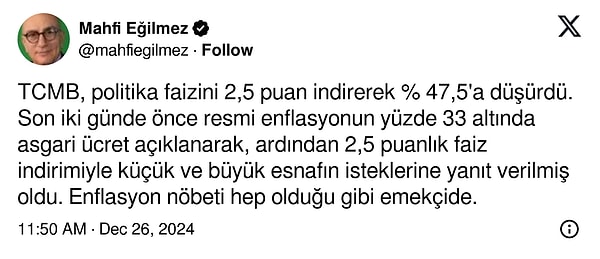 Mahfi Eğilmez: "Enflasyon nöbeti, hep olduğu gibi, emekçide."