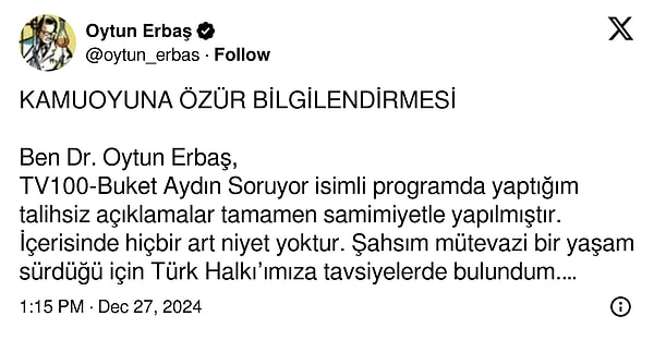 "Türk Halkı’ndan tüm kalbimle özür dilerim."