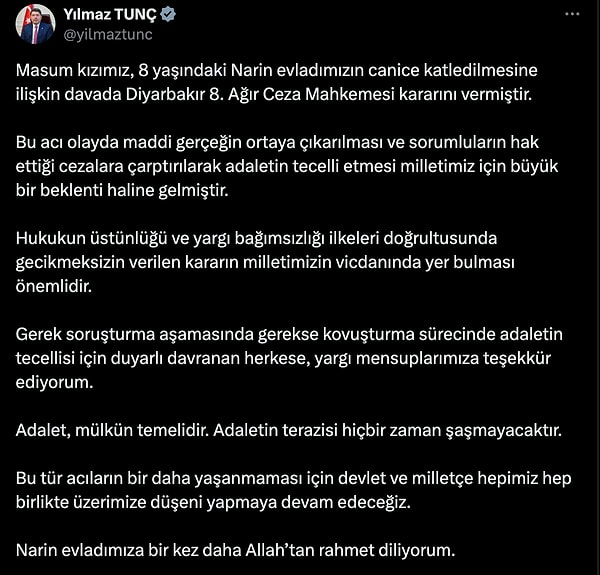 Bakan Tunç’un paylaşımı 👇