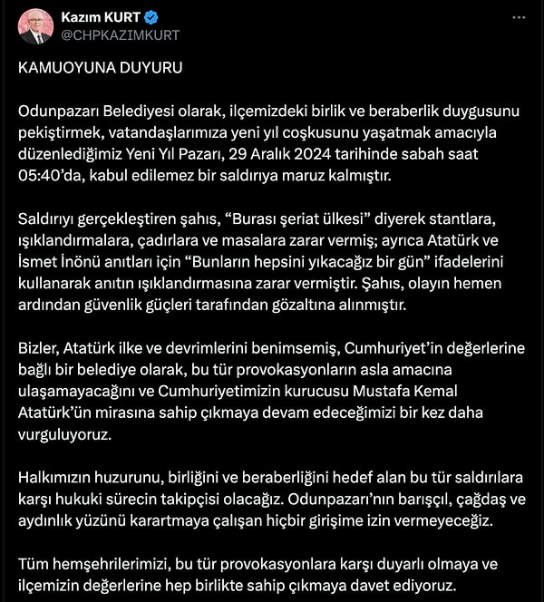 Odunpazar Belediyesi Başkanı Kazım Kurt da yaşananlara sosyal medyadan tepki gösterdi.