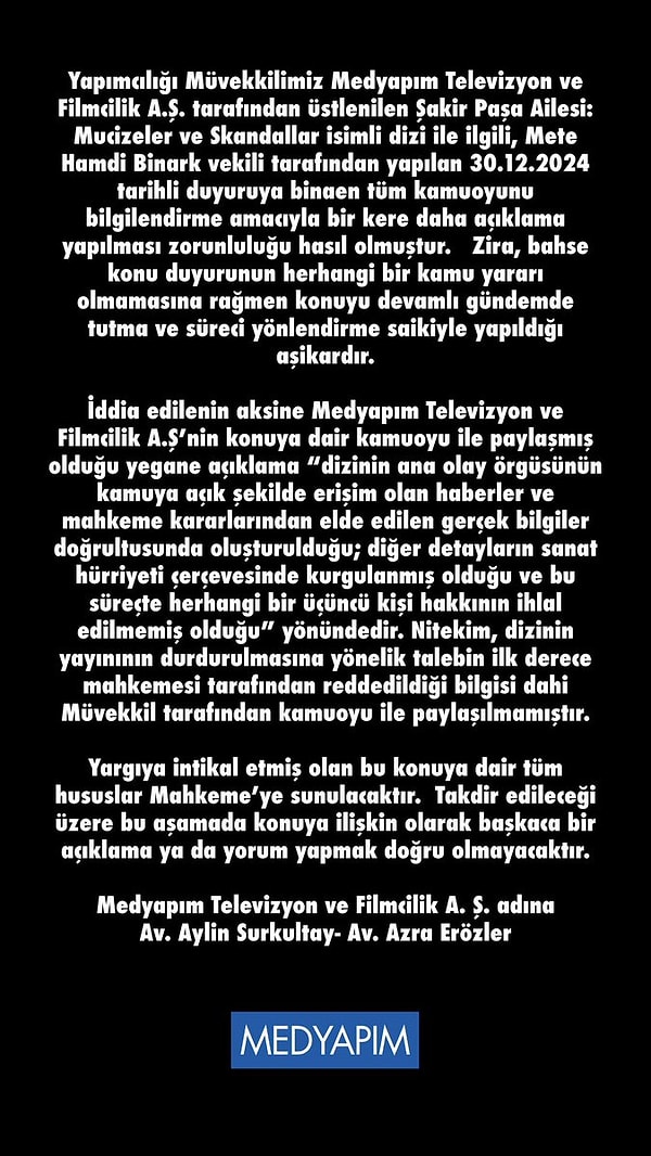 Hem yangınla ilgili sabotaj iddialarının hem de dava süreciyle ilgili iddiaların ardı arkası kesilmeyince, MEDYAPIM'dan ikinci bir açıklama daha geldi.