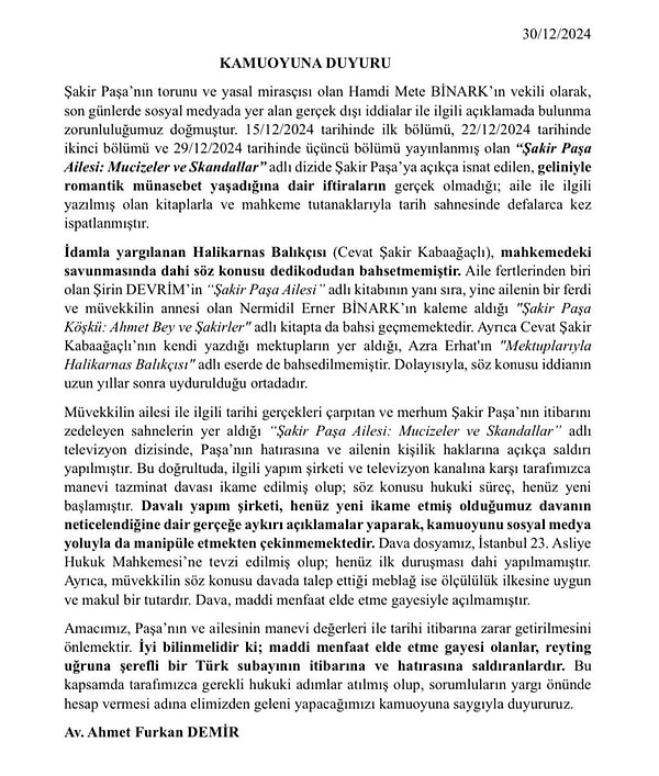 Avukatı aracılığıyla manevi tazminat davası açtığını belirten Binark, "Reyting uğruna şerefli bir Türk subayının itibarı ve hatırasına saldırı" yapıldığını belirtti.