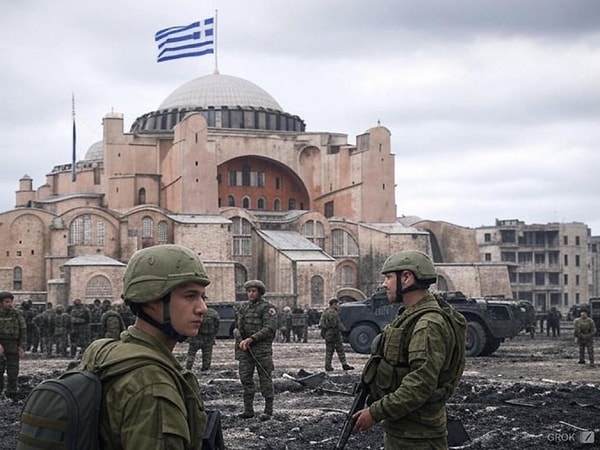 İngiliz siyasinin “Yakında” notuyla paylaştığı görselde Ayasofya’nın üzerinde Yunanistan bayrağı bulunurken, İstanbul’u işgal eden yabancı askerler de yer aldı.