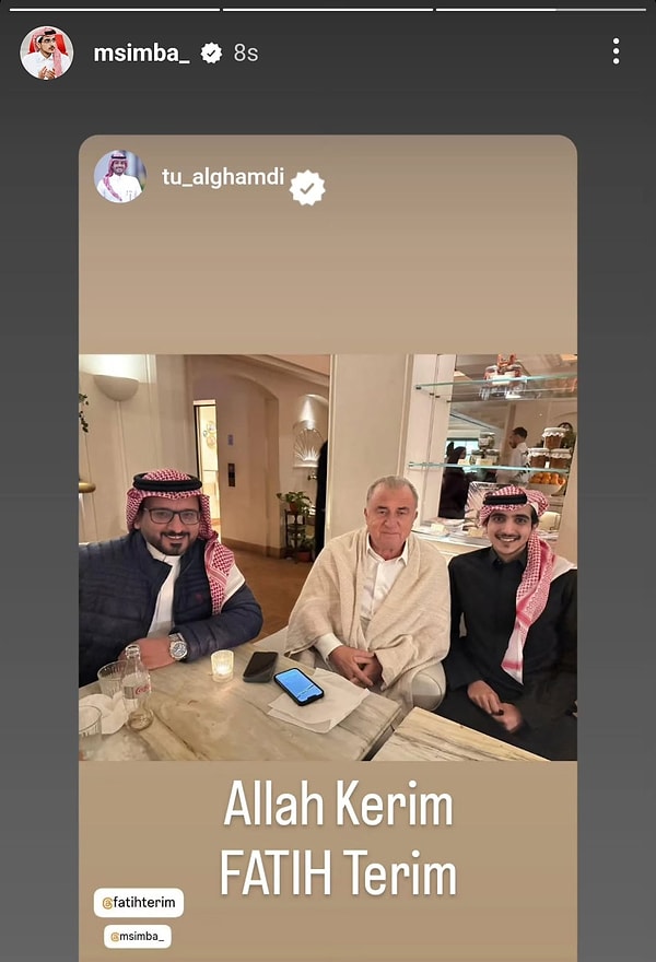 Al Shabab Başkanı Muhammed Almunajem, Fatih Terim ile bir fotoğrafını Instagram hesabından paylaştı. Almunajem'in o fotoğrafa "Allah Kerim FATIH Terim" yazması sosyal medyayı salladı.