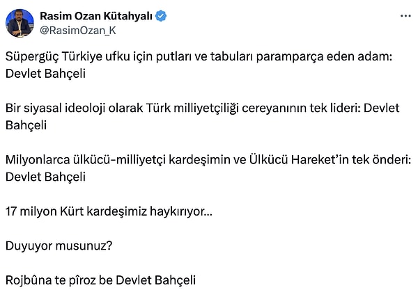 Kütahyalı hızını alamayıp doğum günü 1 Ocak olan MHP liderini de şu sözlerle övdü.