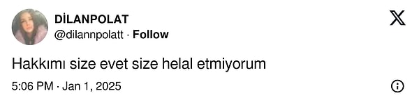 "Hakkımı size evet size helal etmiyorum" şeklinde bir paylaşım yapan Polat'a X kullanıcılarından tepki yağdı.