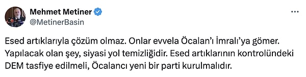 Metiner, Hatimoğulları'nı işaret ederek "Esed artığı" tabiri kullandı. Partinin kontrolünün yeni bir çatı altında Öcalan'a geçmesi gerektiğini söyledi.