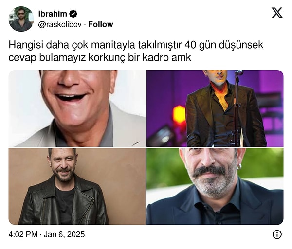 Her şey @raskolibov isimli bir X kullanıcısının  Mehmet Ali Erbil, Teoman, Nejat İşler ve Cem Yılmaz'ın çapkınlıklarını karşılaştırdığı bir tweet atmasıyla başladı. Sonrasında tweet, adeta yorum yağmuruna tutuldu.👇