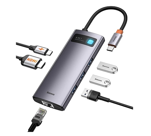 6. Baseus Metal Gleam 6 in 1, Çok Fonksiyonlu Bilgisayar/Telefon Hub Adaptörü