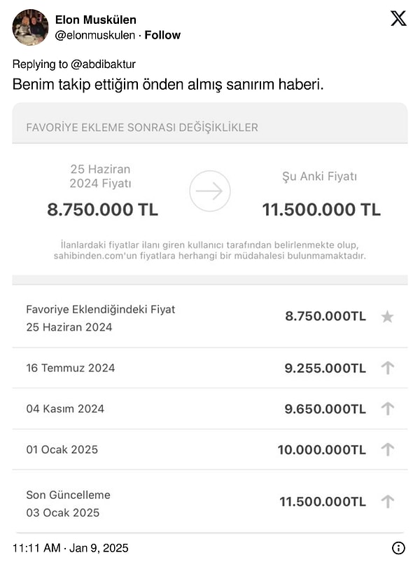 Takip edilen ilanlar paylaşıldı.