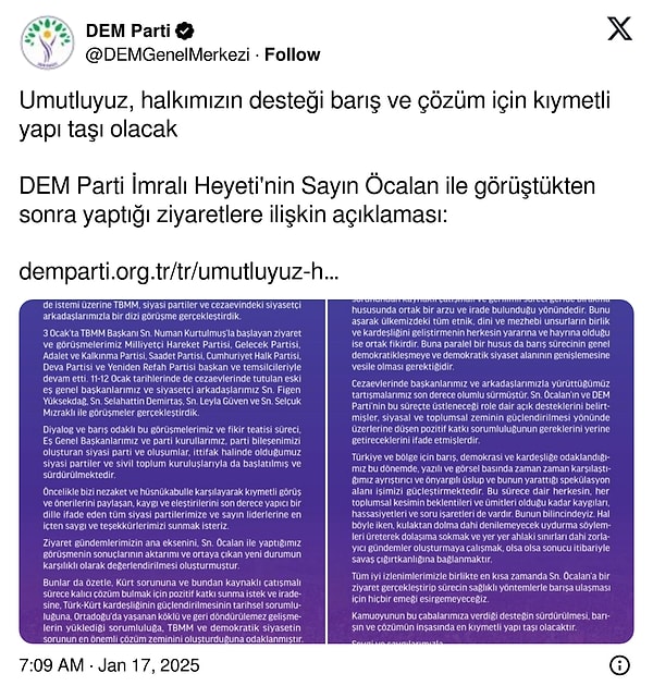 DEM Parti İmralı Heyeti'nin yaptığı yazılı açıklamanın tamamını şurada bulabilirsiniz👇