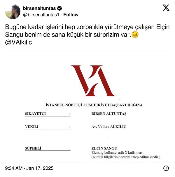 "Bugüne kadar işlerini hep zorbalıkla yürütmeye çalışan Elçin Sangu benim de sana küçük bir sürprizim var.😉"  paylaşımıyla Altuntaş Sangu'ya dava açtığını duyurdu.