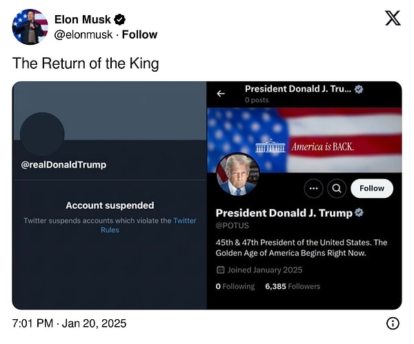 Trump'ın başkan olarak açtığı X hesabını ise "Kralın Dönüşü" diyerek paylaştı.