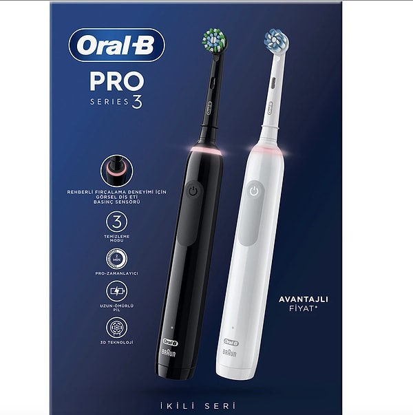 5. Oral-B Pro 3 - 3900 - Siyah Beyaz 2'li Elektrikli Diş Fırçası Seti