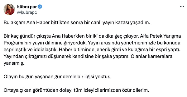 İşte, Kübra Par'ın sosyal medya platformu X üzerinden yaptığı o açıklama 👇