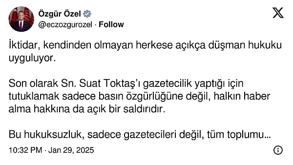 CHP Genel Başkanı da Suat Toktaş'ın tutuklanmasına tepki gösterdi: