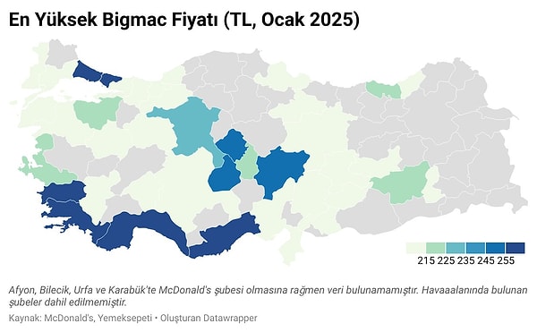 Standart bir ürün olan Big Mac’in fiyatının bölgelere göre bu kadar farklılaşmasına inanmayanlar için buyrun fiyat haritası.