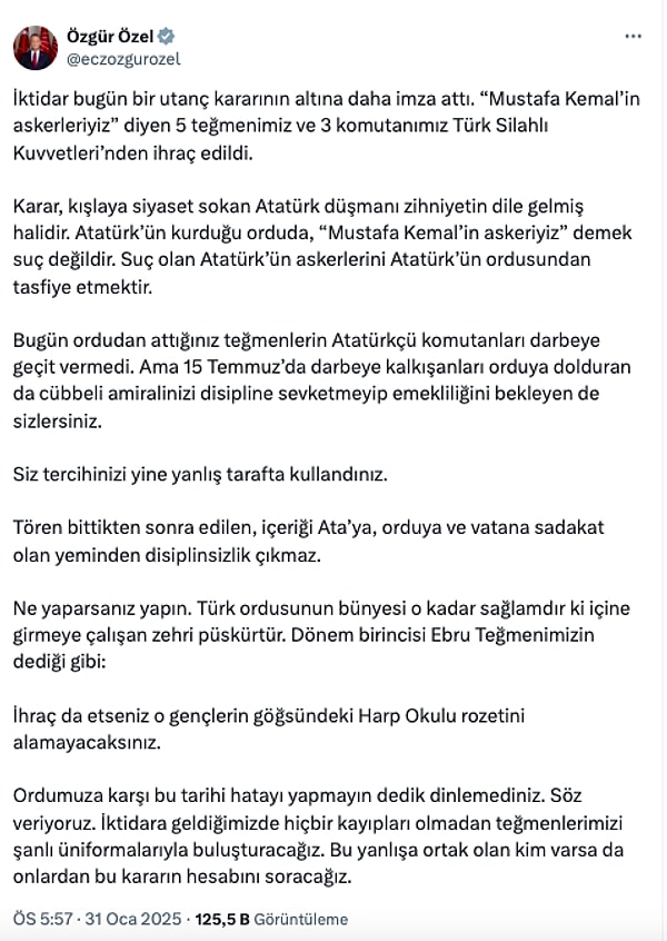 Özgür Özel'in ihraç edilen teğmenlerle ilgili paylaşımının tamamı şu şekilde: