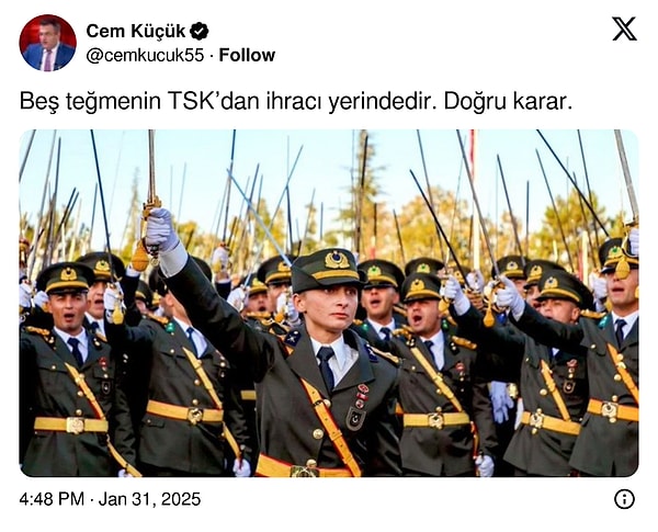 Küçük, X hesabından "Beş teğmenin TSK’dan ihracı yerindedir. Doğru karar" mesajını paylaşınca tepkiler çığ gibi büyüdü.