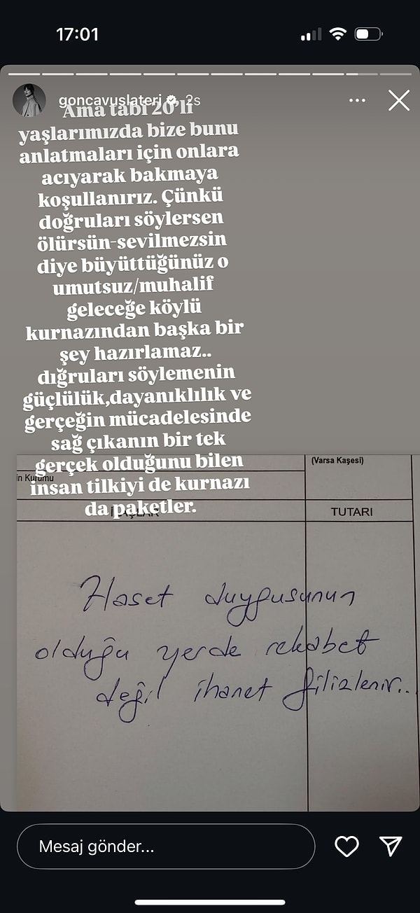 Ardından "Haset duygusunun olduğu yerde rekabet değil, ihanet filizlenir." paylaşımına göndermeli bir yorum yazdı.👇🏻