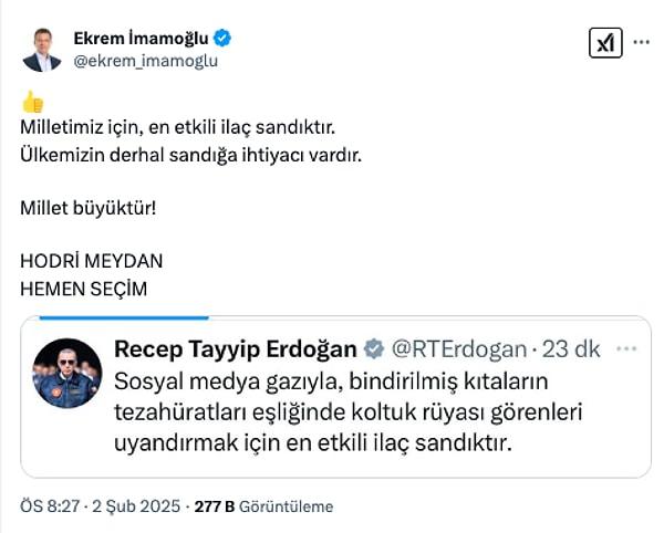 İmamoğlu, "Hodri meydan" diyerek "Hemen seçim" çağrısı vurgusuyla muhalefetin sandık talebini bir kez daha tekrarladı.