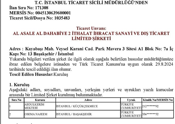 Türkiye'deki şirketlerinin Ticaret Sicil Kaydı da mevcut. Şirketin faaliyetleri ithalat, ihracat, demir kaplama ve PVC ticareti olarak gösteriliyor.