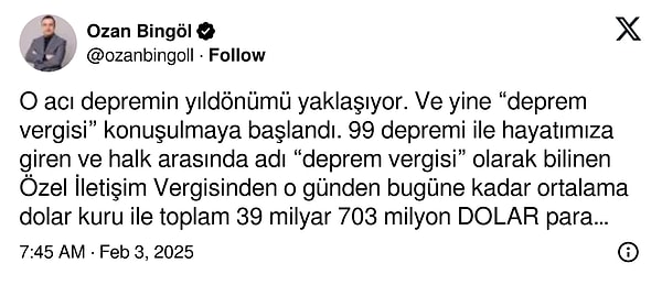 "Özel İletişim Vergisinden o günden bugüne kadar ortalama dolar kuru ile toplam 39 milyar 703 milyon DOLAR para tahsil edilmiştir."