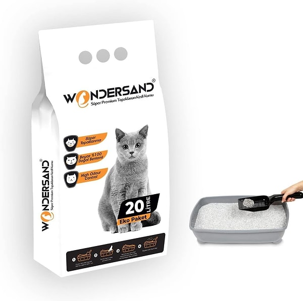 Wondersand 20 Lt Beyaz Bentonit İnce Tane Kokusuz Süper Topaklanan Premium Kedi Kumu