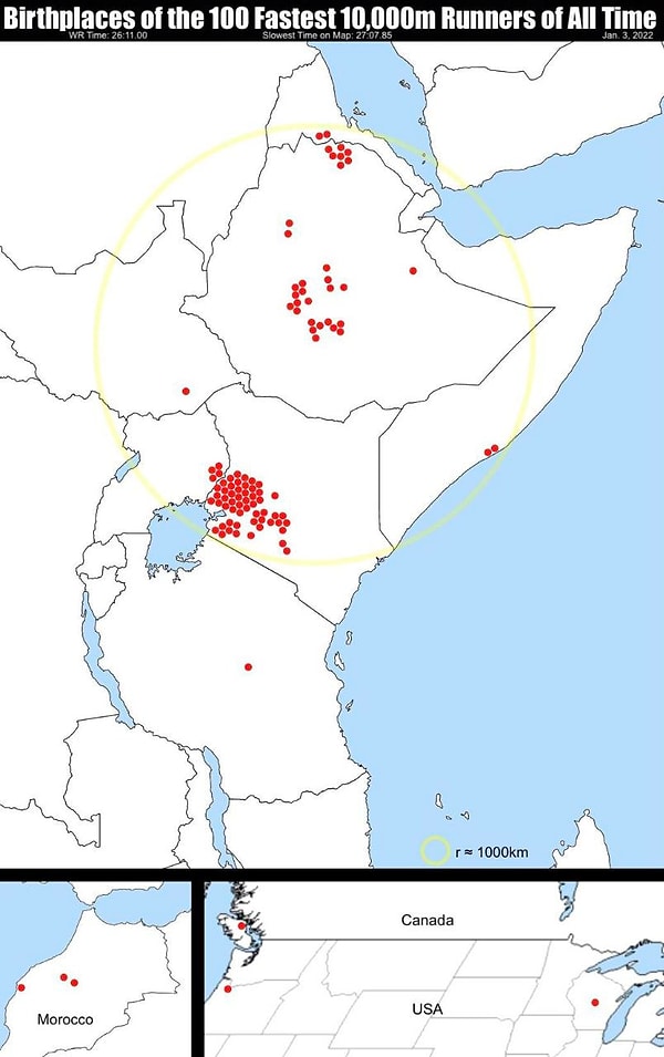 8. Tüm zamanların en hızlı 10.000 metre koşucularının doğum yerleri.