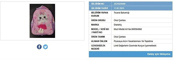 Diakakiç markalı okul çantasının içerisinde limit değerlerin üzerinde kurşun tespit edildi.