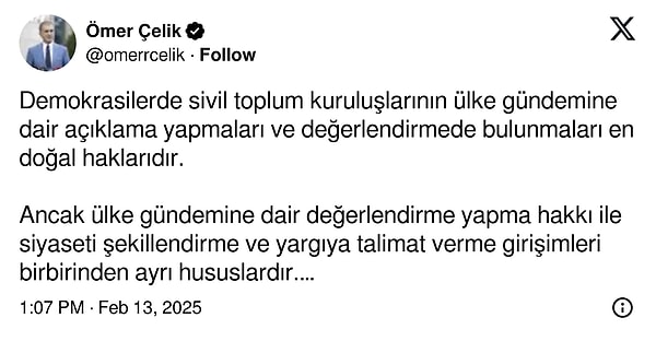 AK Parti Sözcücü Ömer Çelik de TÜSİAD Başkanının açıklamalarına tepki gösterdi.