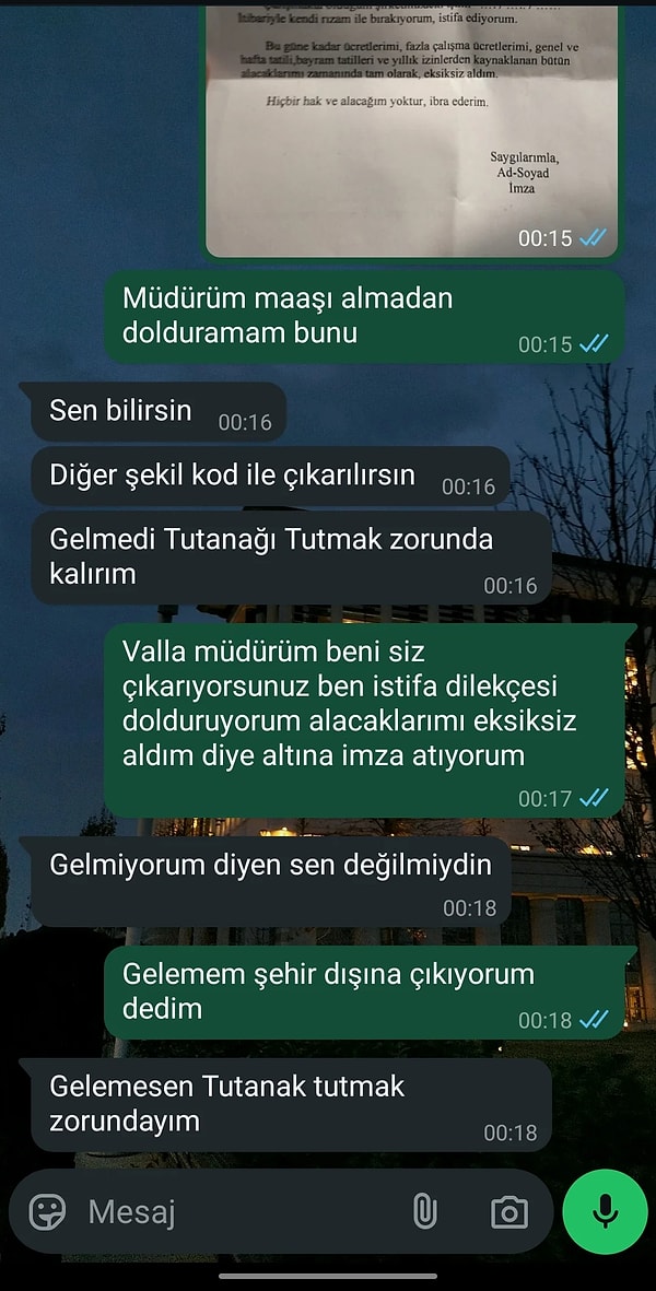 Paylaştığı WhatsApp konuşmalarında ise patronun maaşı vermemek için adeta takla attığı görülüyor.