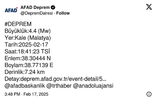 AFAD’ın paylaşımı 👇