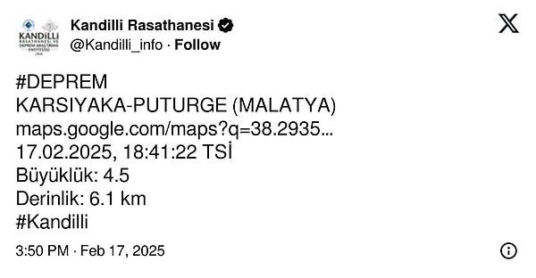 Kandili Rasathanesi ise depremin büyüklüğünü 4.5 ve merkez üssünü Pütürge olarak açıkladı. 👇