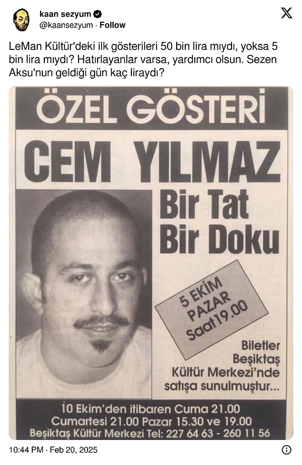 "Bir Tat Bir Doku", peki ünlü komedyenin Leman Kültür'deki ilk gösterilerini fiyatını hatırlayan var mı?