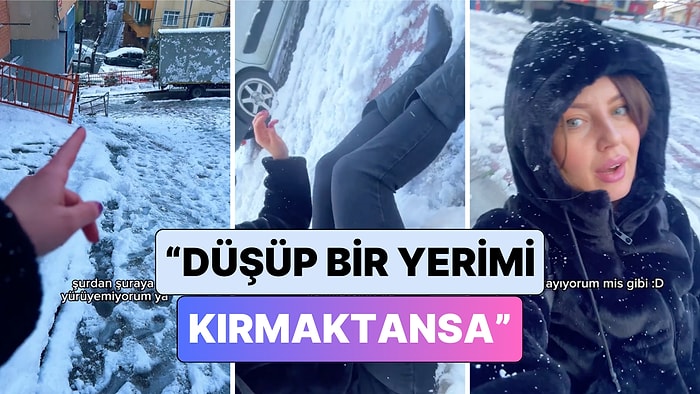 Bir Kadın Karda Kayıp Düşmemek İçin Çocukluğuna Döndü ve İşe Yere Oturup Kayarak Gitti