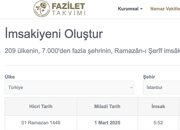 Fazilet takvimine göre ilk imsak 05.52 olarak görünüyor.