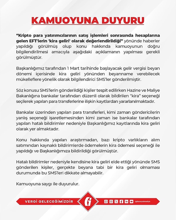 Kripto para yatırımcılarının banka hesaplarına gelen EFT'nin 'kira geliri' olarak değerlendirildiği iddiasına Gelir İdaresi Başkanlığı'ndan açıklama geldi.