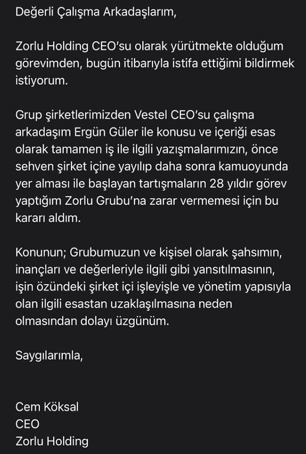 Cem Köksal'ın yazdığı mail sosyal medyada da paylaşıldı: