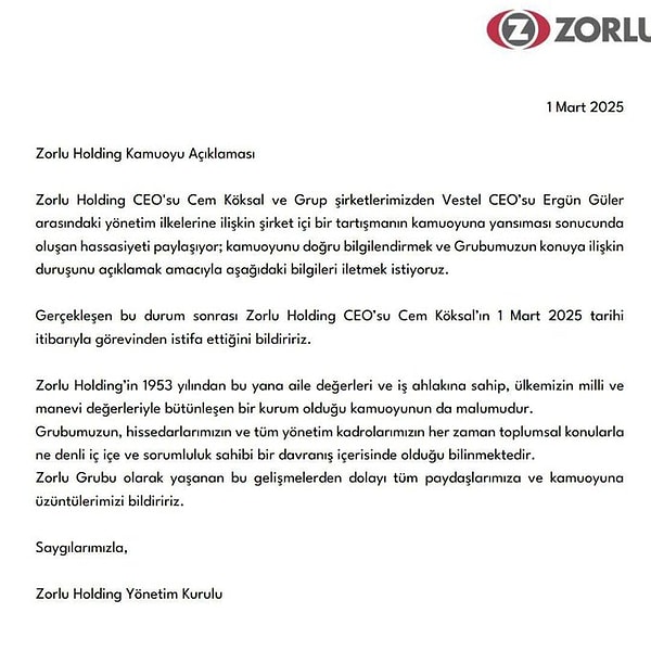 Zorlu Holding de konuyla ilgili istifayı teyit eden bir açıklama yayınladı.