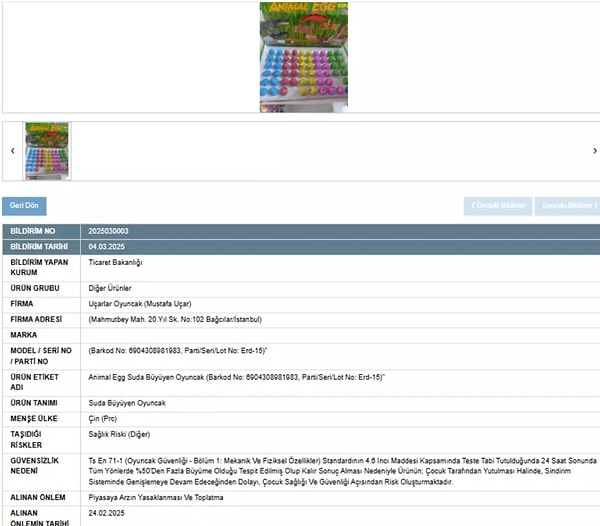Listeye giren Uçarlar Oyuncak firmasına ait olan ve menşeisi Çin olan "Suda Büyüyen Oyuncak" ürününde birçok kusur tespit edildi.
