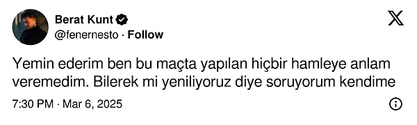 Fenerbahçe taraftarının oyuna dair görüşlerini dile getirdiği sosyal medya paylaşımları ise şöyle👇