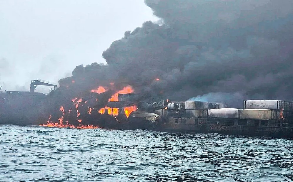 Fire Breaks Out After Oil Tanker and Cargo Vessel Collide