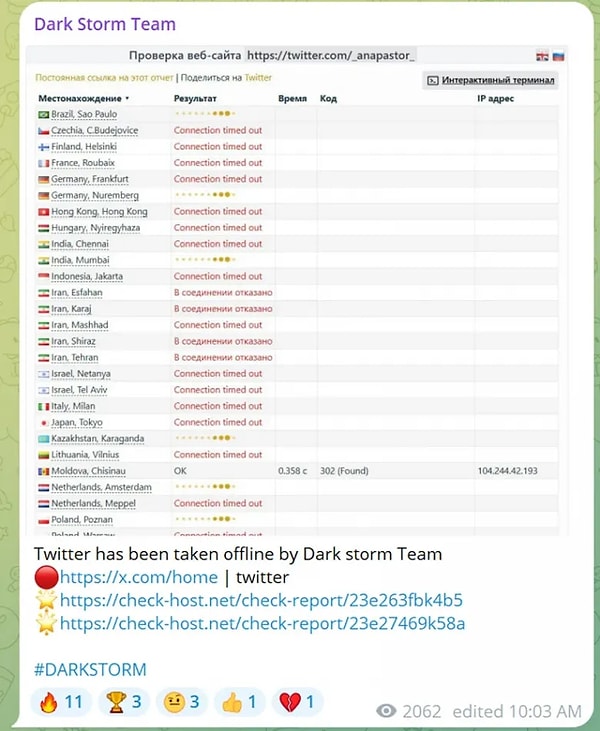 In a now-deleted post on Telegram, a hacking group called Dark Storm Team claimed responsibility for the attack.