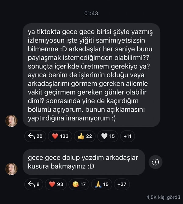 Yasmin geçtiğimiz akşam Instagram'daki 'Yaso' adlı yayın kanalından, kendisine TikTok'tan gelen bir mesajı ifşa etti.