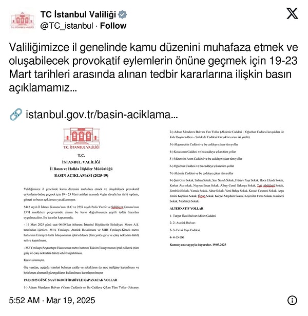 İşte, Valiliğin 19-23 Mart tarihleri arasında alınan tedbir kararlarına ilişkin basın açıklaması 👇